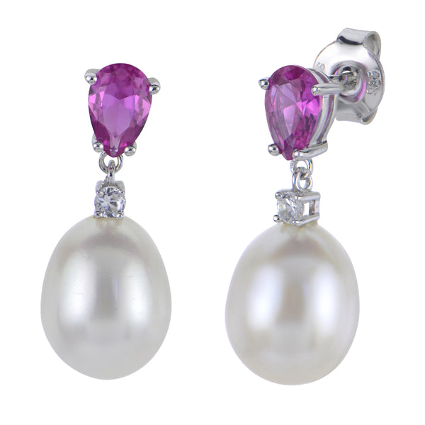 Imperial Pearl Freshwater Cultured Pearl/Lab Created White & Pink Sapphire Drop Earrings - Sterling Silver