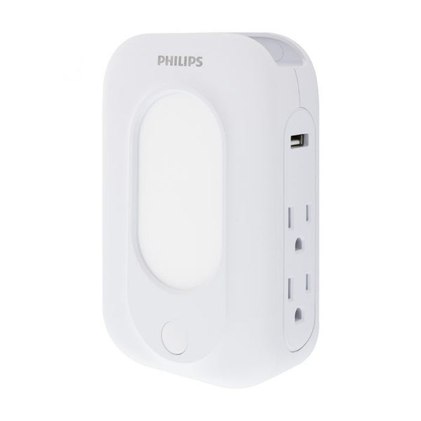 Philips 4-Outlet 2-USB Wall Tap With Surge Protection and Light Sensing Night Light