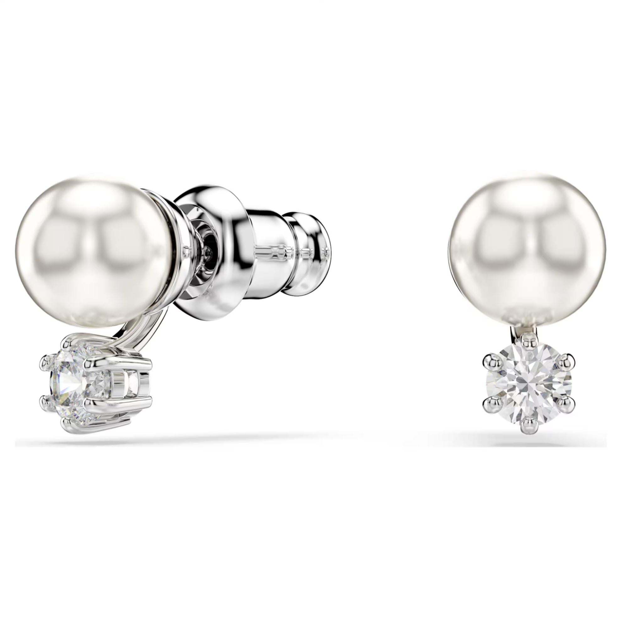 Swarovski Matrix Stud Earrings - Crystal pearl, Round cut, White, Rhodium plated