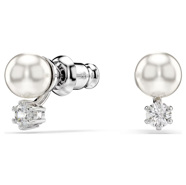 Swarovski Matrix Stud Earrings - Crystal pearl, Round cut, White, Rhodium plated