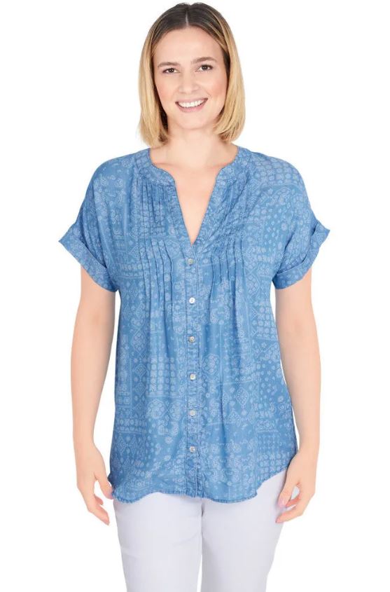 Democracy Womens Bandana Print Short Sleeve Button Down Top