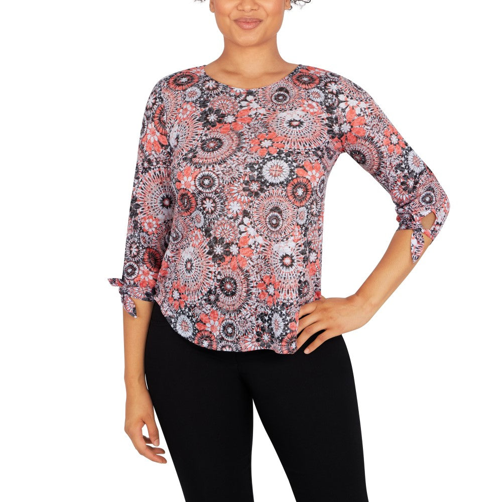 Ruby Rd Red Tops Ruby Rd. Womens Knit Medallion 3/4 Sleeve Top – ShopCGX