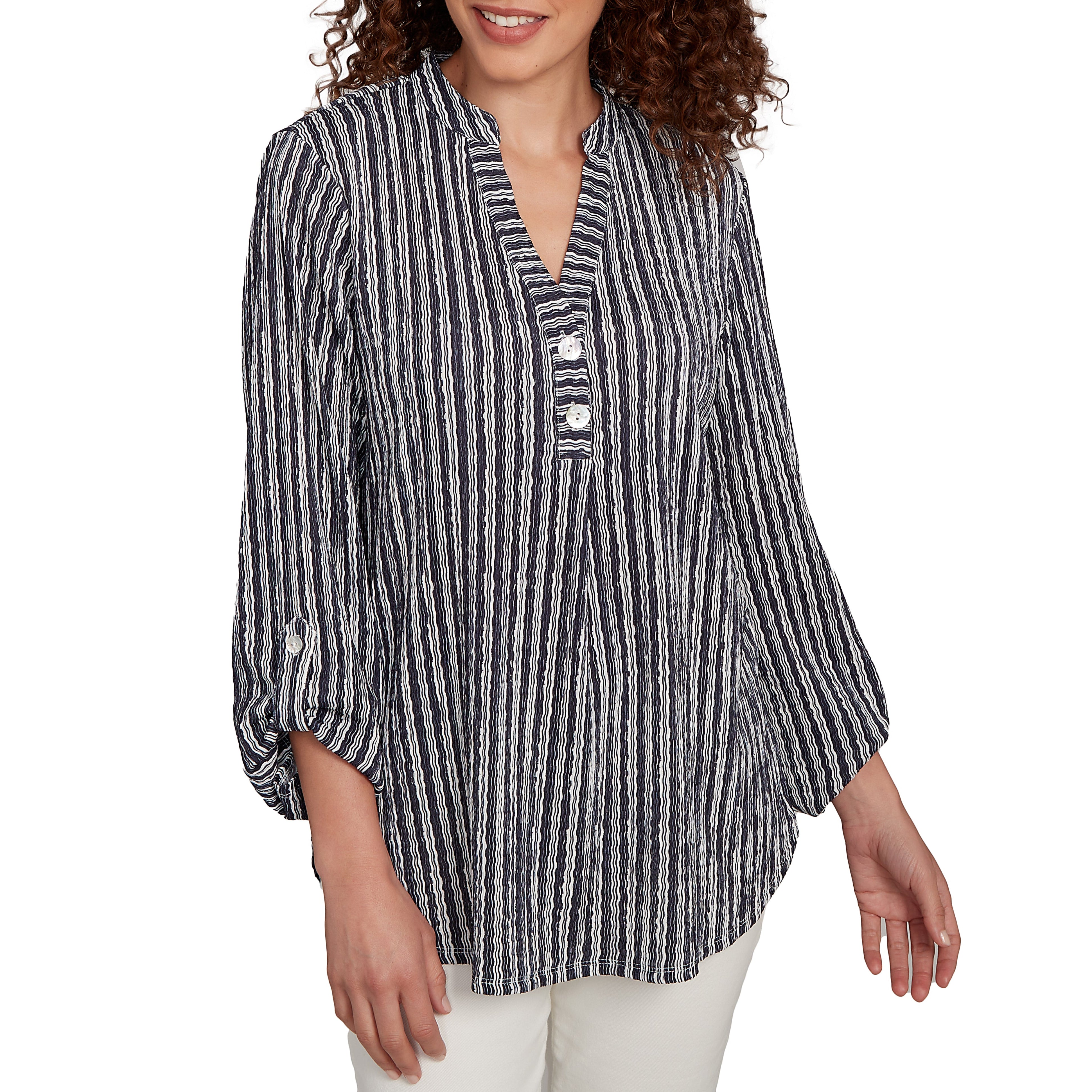 Ruby Rd. Womens Stripe 3/4 Sleeve Tab Top