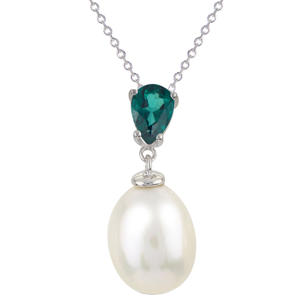 Imperial Pearl Freshwater Cultured Pearl and Pear Cut Lab Created Emerald Pendant Necklace - Sterling Silver