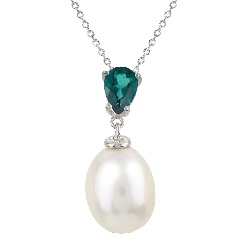 Imperial Pearl Freshwater Cultured Pearl and Pear Cut Lab Created Emerald Pendant Necklace - Sterling Silver