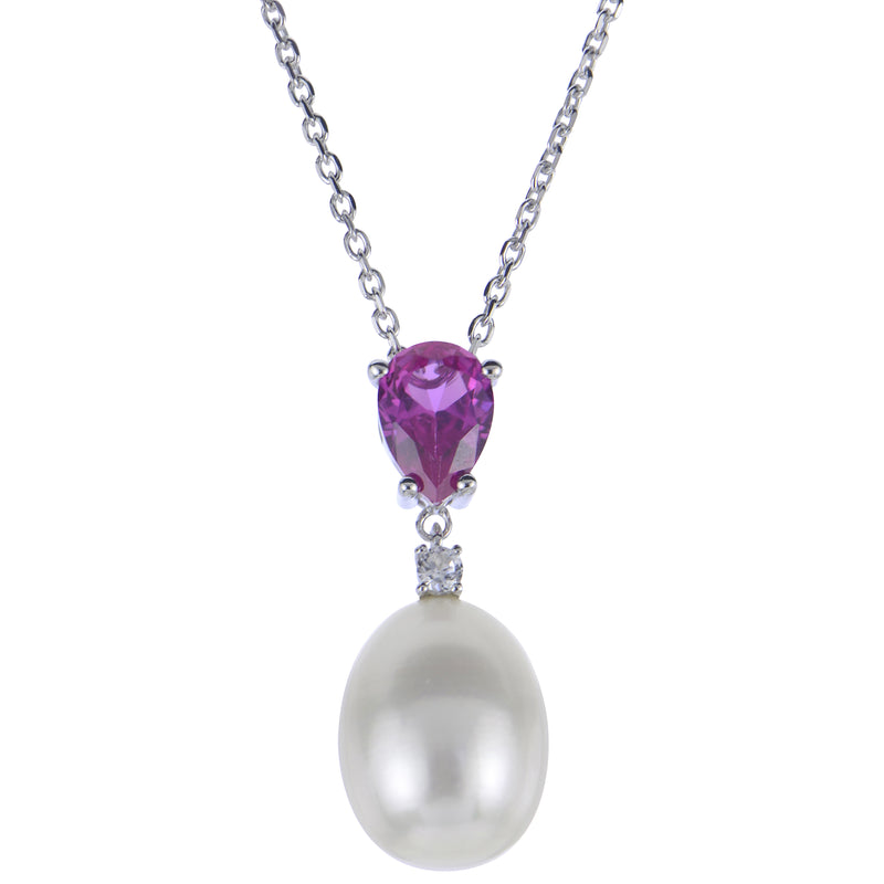 Imperial Pearl Freshwater Cultured Pearl/Lab Created White & Pink Sapphire Pendant Necklace - Sterling SIlver