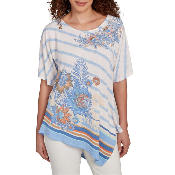 Ruby Rd. Womens Striped Floral Asymetric Hem Short Sleeve Top