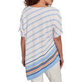 Ruby Rd. Womens Striped Floral Asymetric Hem Short Sleeve Top