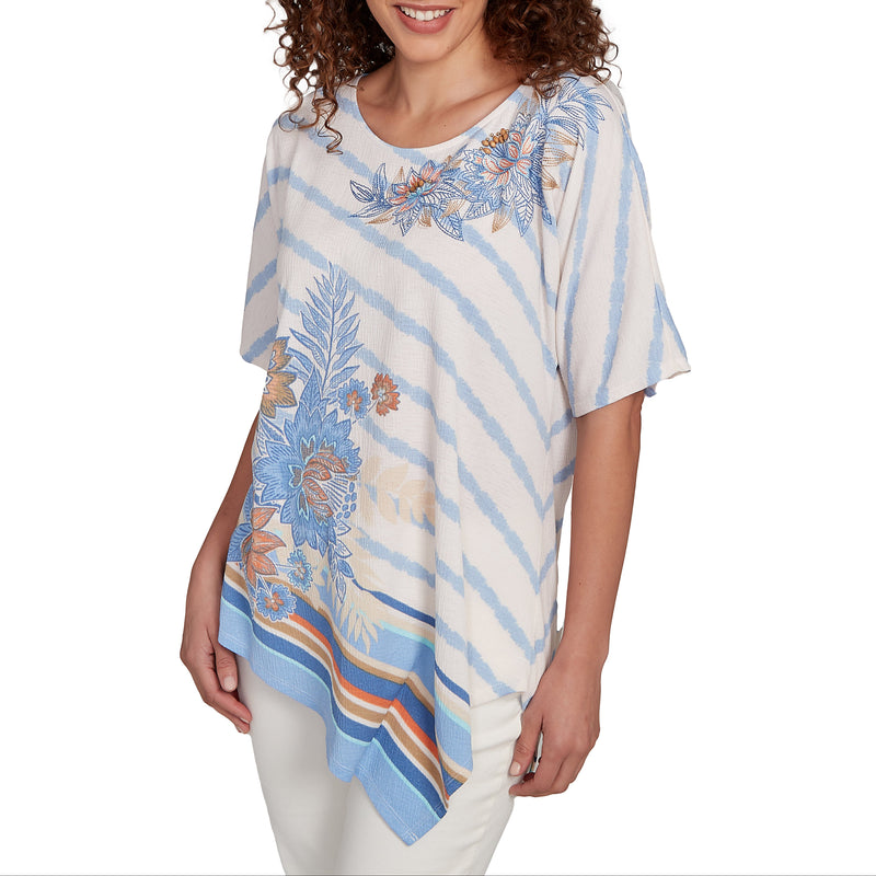 Ruby Rd. Womens Striped Floral Asymetric Hem Short Sleeve Top