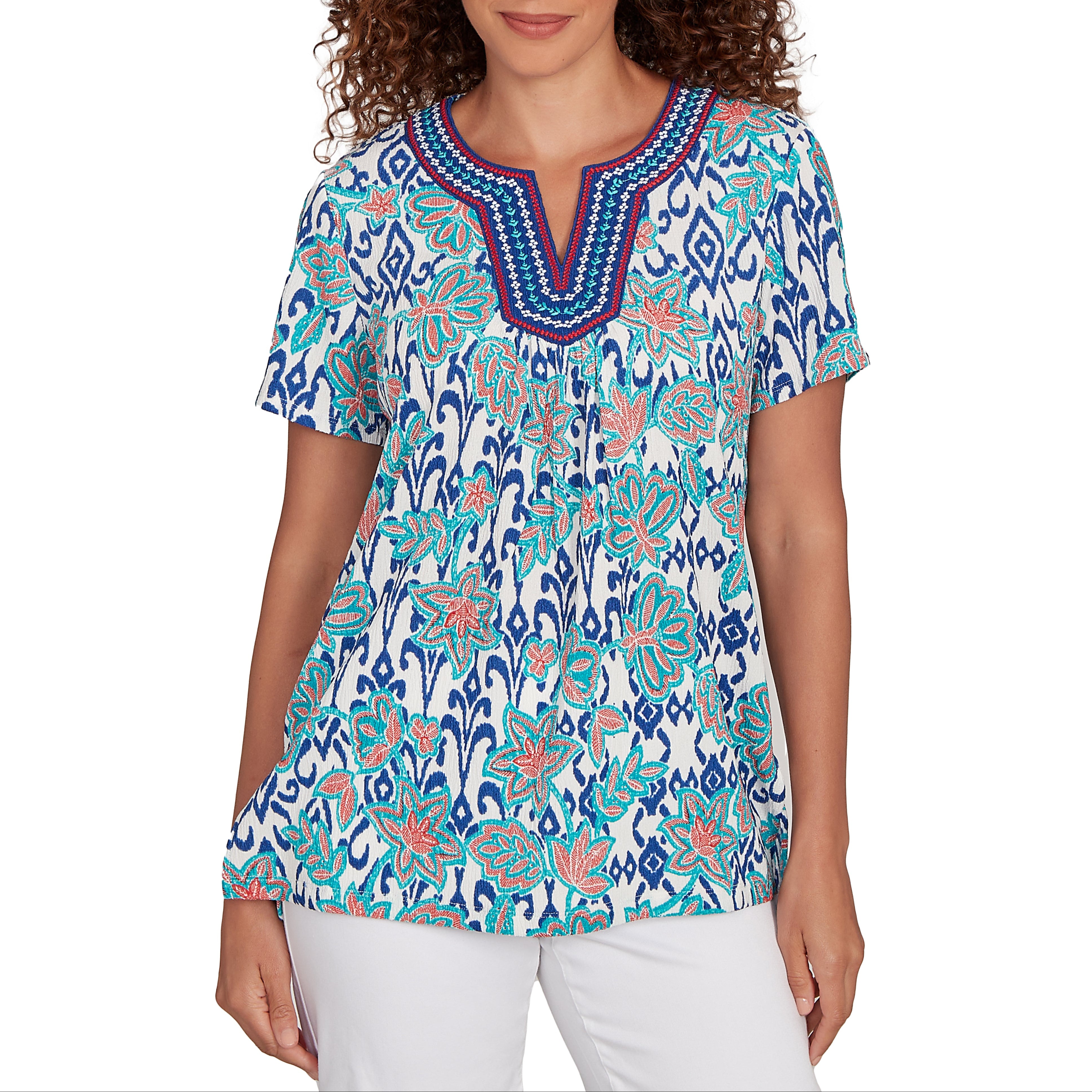 Ruby Rd. Womens Split Neck Floral Short Sleeve Top