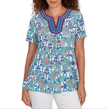 Ruby Rd. Womens Split Neck Floral Short Sleeve Top
