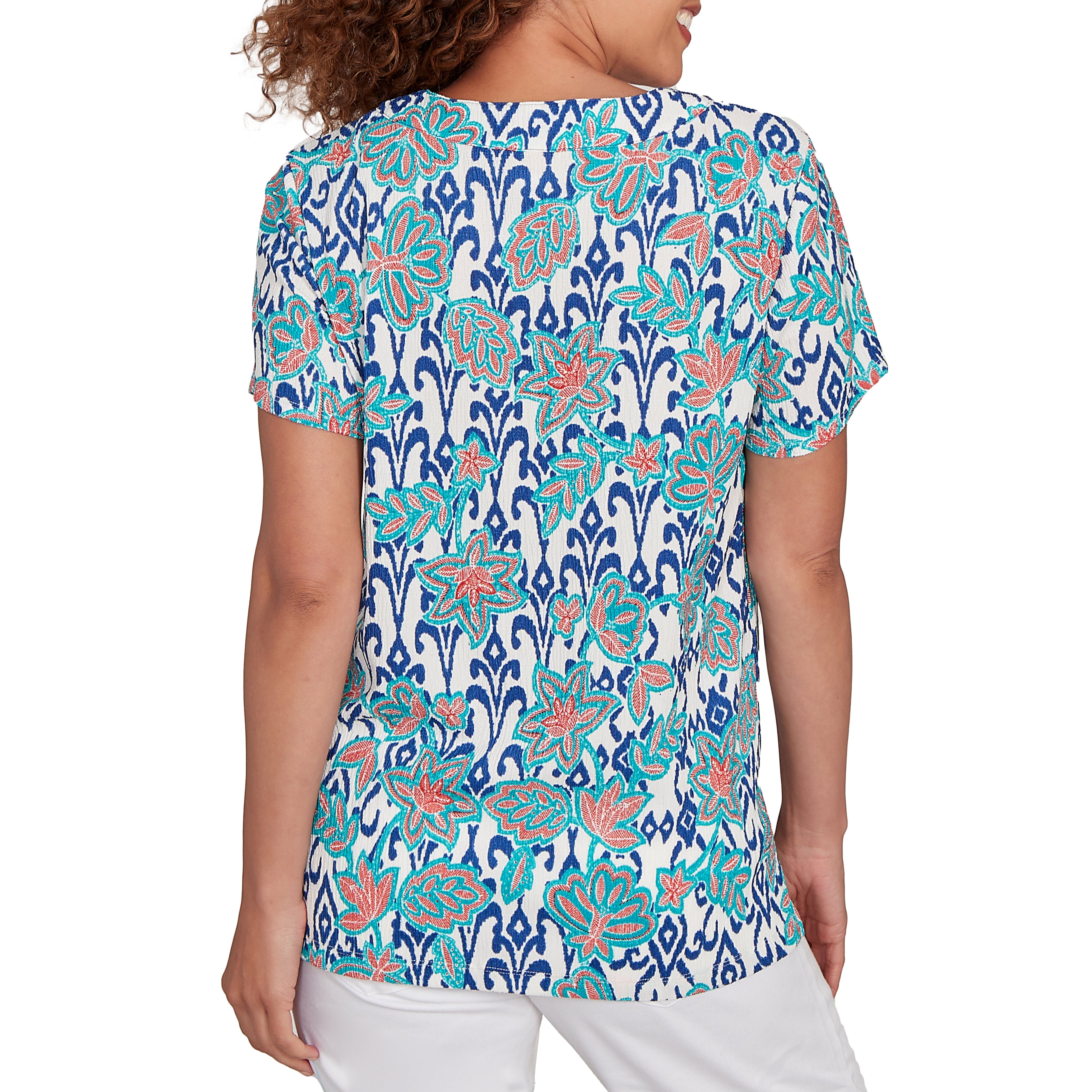 Ruby Rd. Womens Split Neck Floral Short Sleeve Top