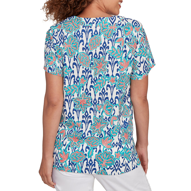 Ruby Rd. Womens Split Neck Floral Short Sleeve Top