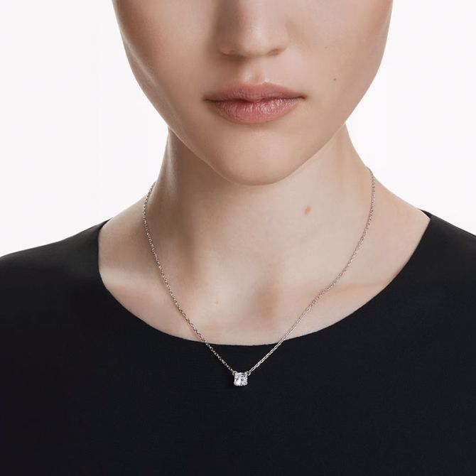 Swarovski Stilla Square Cut Pendant Necklace - White and Rhodium Plated