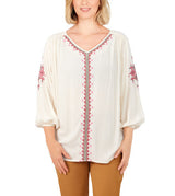 Ruby Rd. Womens Embroidered V-Neck Long Sleeve Top