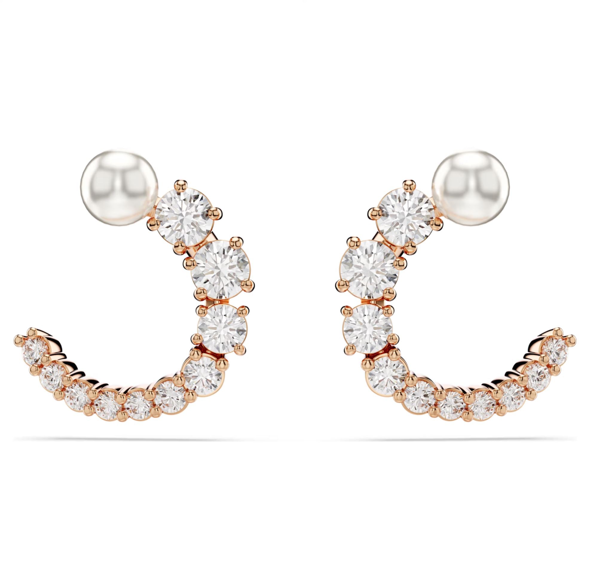 Swarovski Matrix Hoop Earrings - Crystal pearl, Round cut, White, Rose gold-tone plated