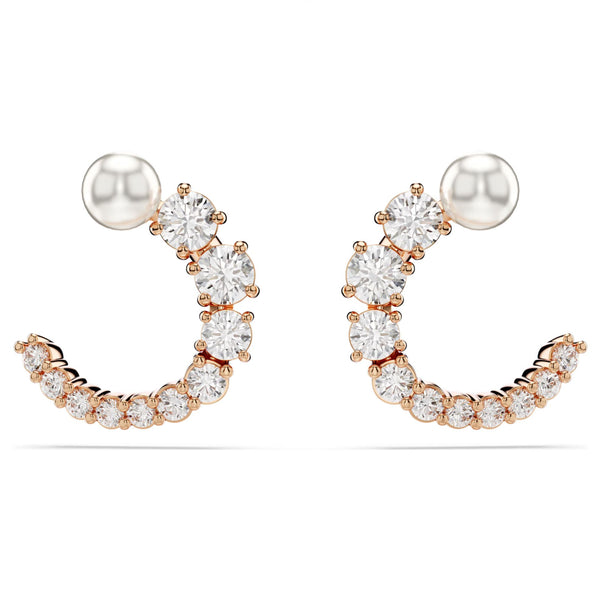 Swarovski Matrix Hoop Earrings - Crystal pearl, Round cut, White, Rose gold-tone plated