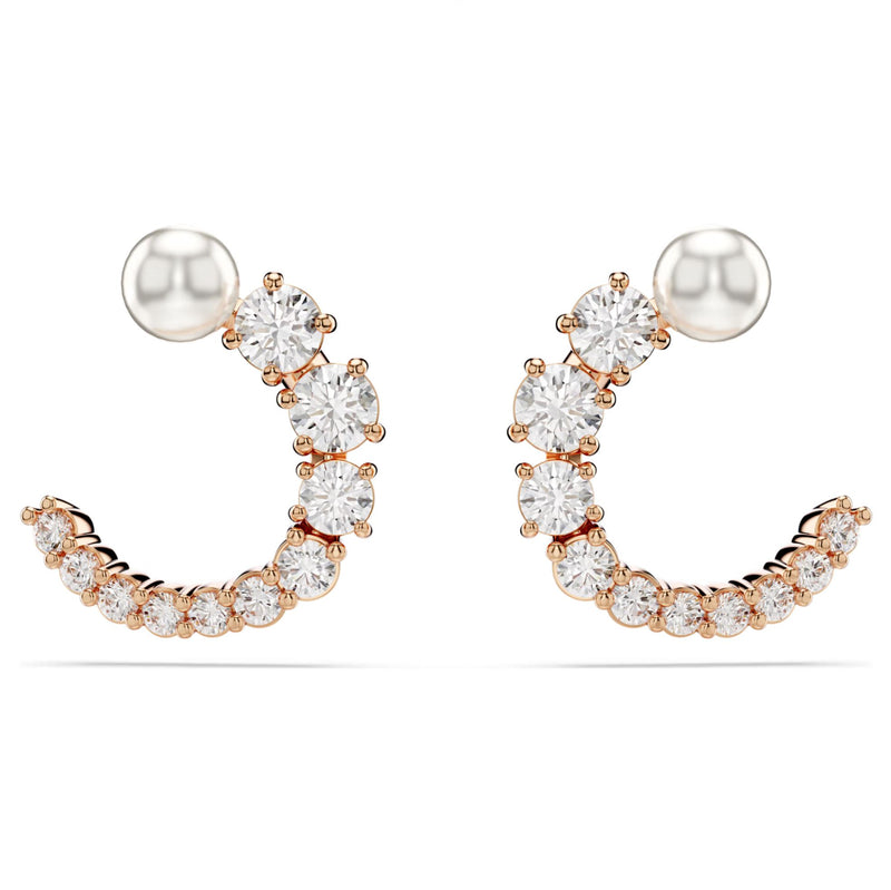 Swarovski Matrix Hoop Earrings - Crystal pearl, Round cut, White, Rose gold-tone plated