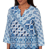 Alfred Dunner Womens Ikat Tie-Dye Patchwork Henley Top
