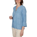 Alfred Dunner Womens Tonal Embroidered Soft Henley Top