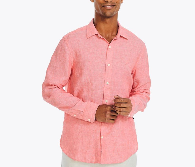 Nautica Mens Linen Solid Long Sleeve Button Down Shirt