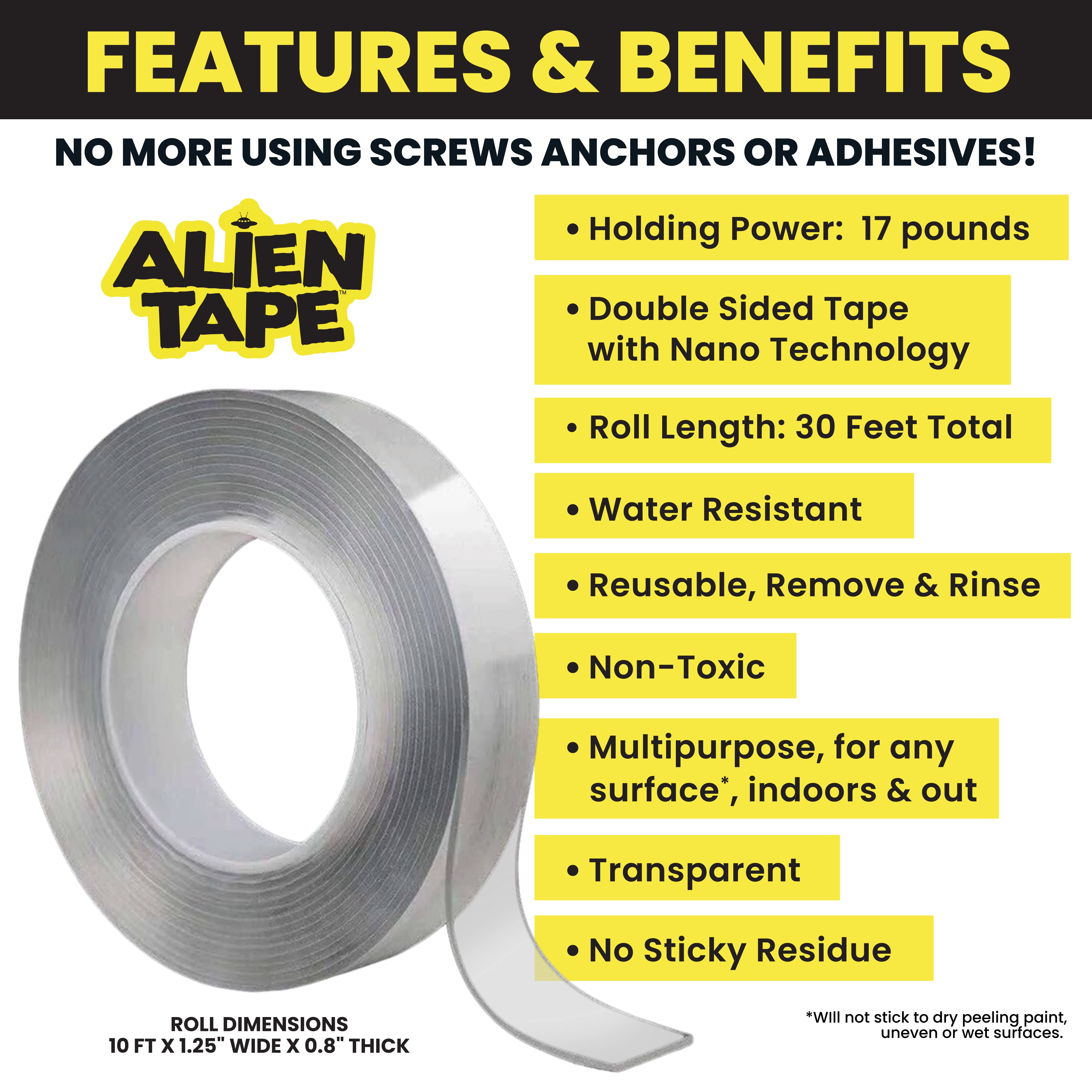 As Seen On TV Alien Tape 10 ft. Multi-Surface Tape Reusable Double-Sided - 3 Pack