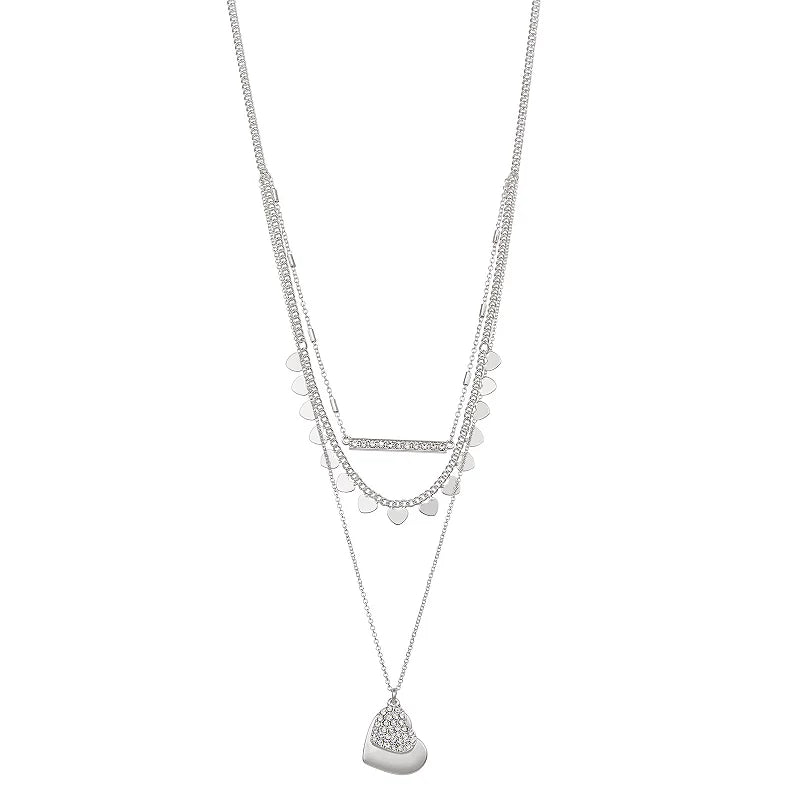 Nine West Silver-Tone Mutli-Row Heart Pendant Necklace