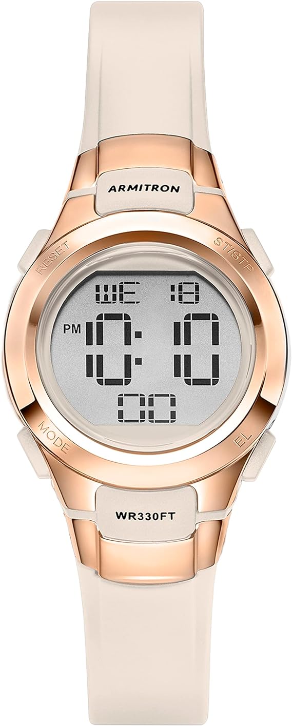 Armitron Womens Sport Rose Gold-Tone Accented Digital Blush Pink Resin Strap Watch