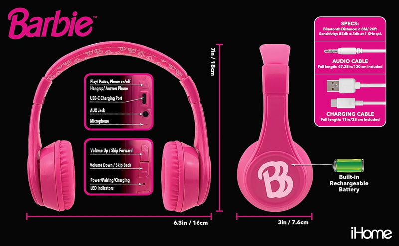 ekids Barbie Bluetooth Wireless Headphones