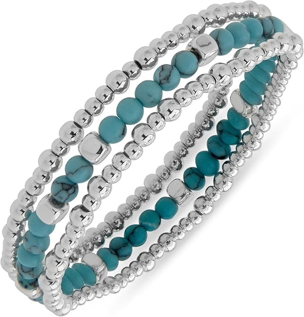 Nine West Silver And Turquoise Stretch Bracelet - Set Of 3