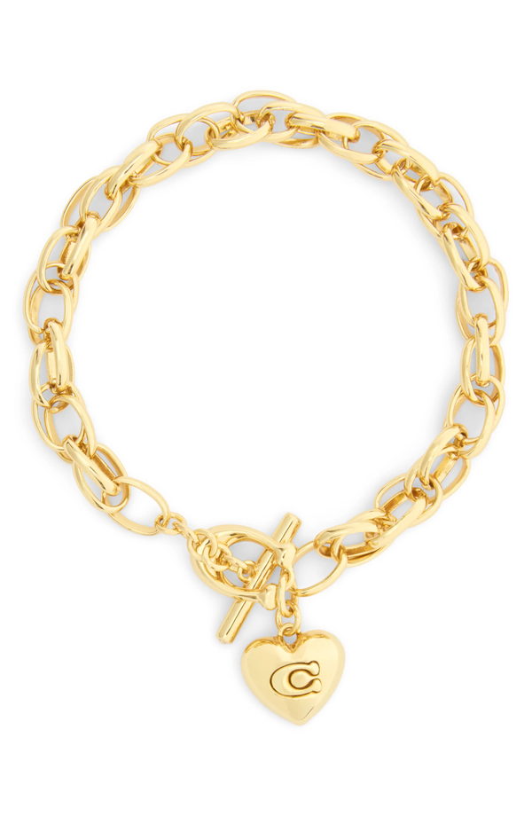COACH Gold Brushed Link Heart Flex Bracelet
