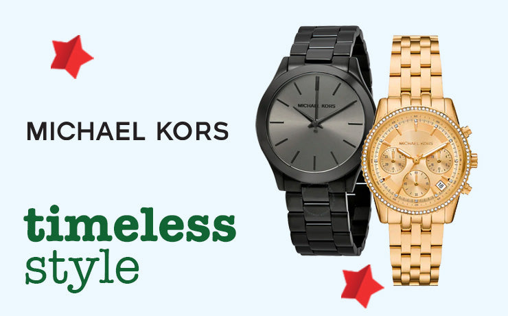 Two Michael Kors watches, one black and one gold, on a white background with 'Michael Kors' text.