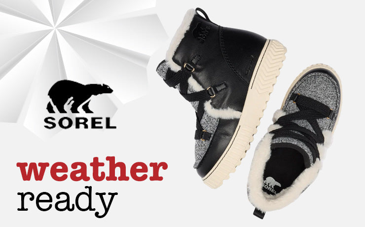 Black and gray SOREL boots with plaid pattern on a white background