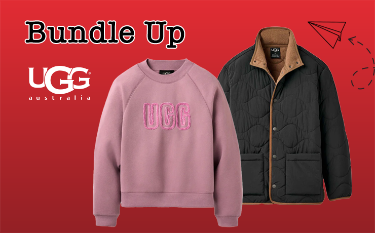 Pink UGG sweatshirt and black quilted jacket on a red background with 'Bundle Up' text.