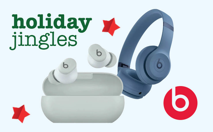 Beats headphones and wireless earbuds with 'holiday Jingles' text and red stars on a light blue background.