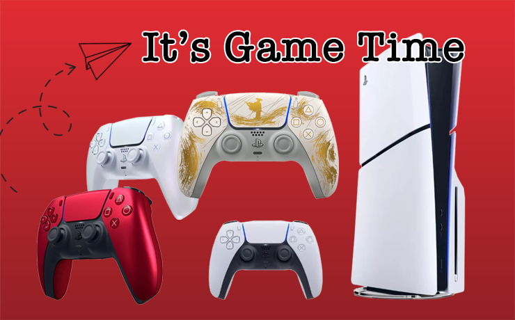 Gaming console and controllers on a red background with 'It's Game Time' text.