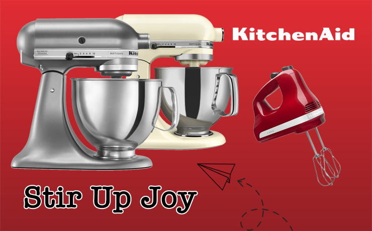 KitchenAid stand mixer and hand mixer on a red background with 'Stir Up Joy' text.