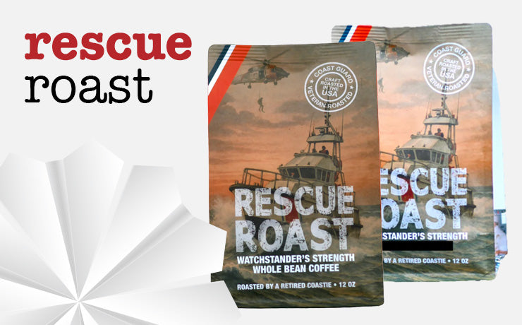 Two packages of 'Rescue Roast' coffee with a helicopter and boat design on a white background.