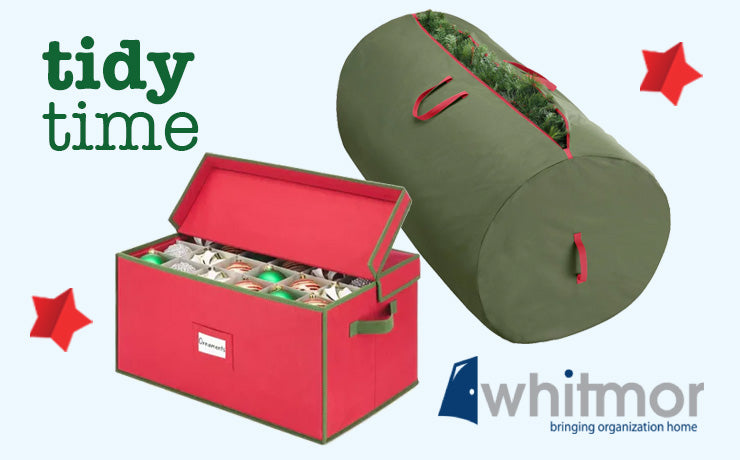 Red storage chest and green cylindrical bag with 'Whitmor' branding on a white background.