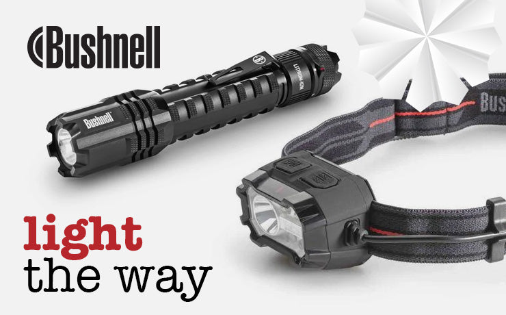 Two Bushnell flashlights, one handheld and one headlamp, on a white background with 'light the way' text.
