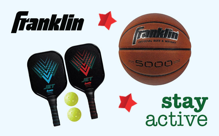 Basketball, pickleball paddles, and balls with Franklin branding on a white background.
