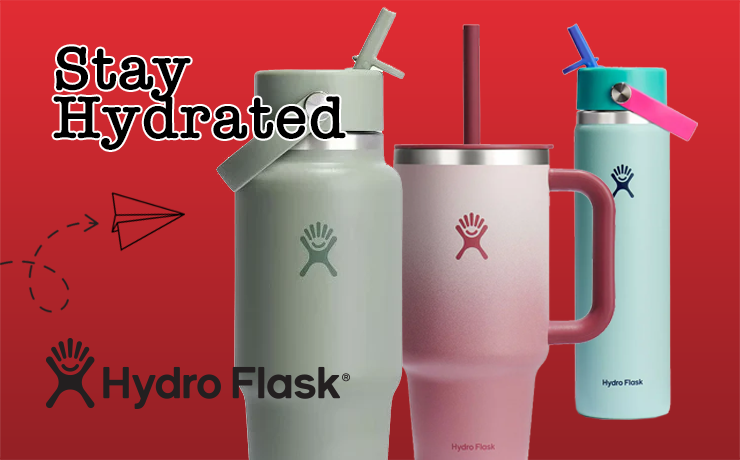 Hydro Flask tumblers on a red background with 'Stay Hydrated' text.