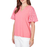 Ruby Rd. Womens Eyelet Sleeve Cotton Jersey Top