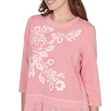 Ruby Rd. Womens Embroidered Terry Scoop Neck Top