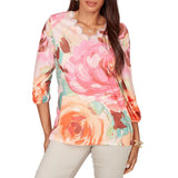 Ruby Rd. Womens Scalloped Neck Bold Floral Knit Top