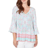 Ruby Rd. Womens Pleated Tapestry Print Bell Sleeve Blouse