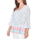 Ruby Rd. Womens Pleated Tapestry Print Bell Sleeve Blouse