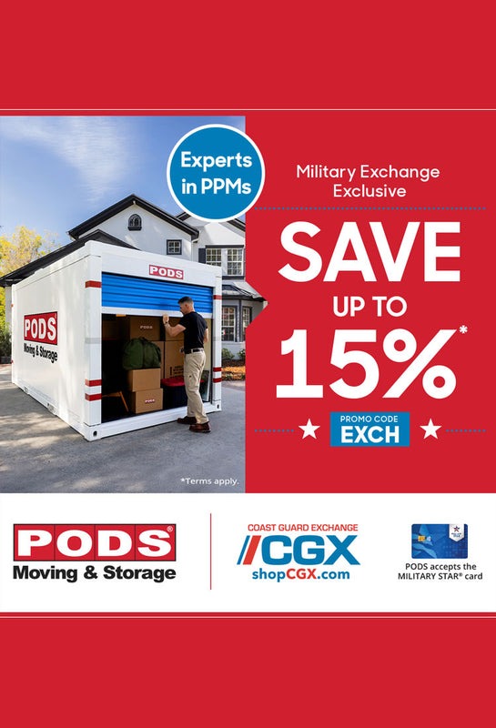 Advertisement for PODS Moving & Storage with a red background and promotional text.