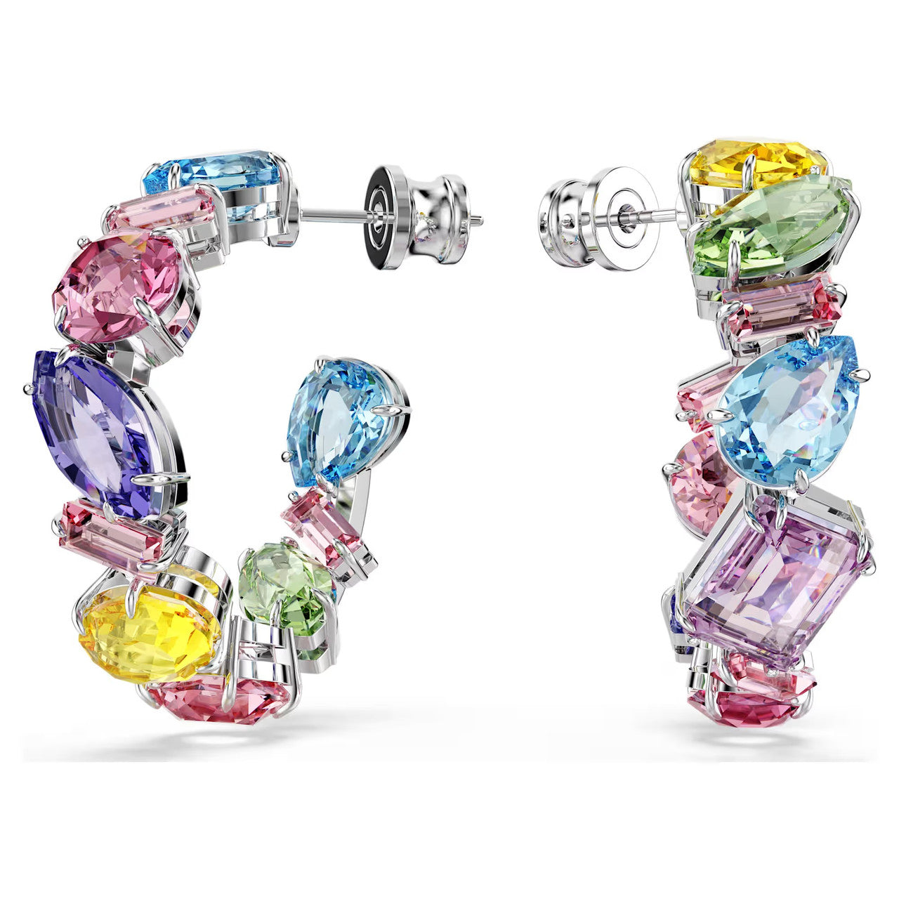 Swarovski Gema Hoop Earrings - Asymmetrical design, Mixed Cuts, Small, Multicolored, Rhodium Plated