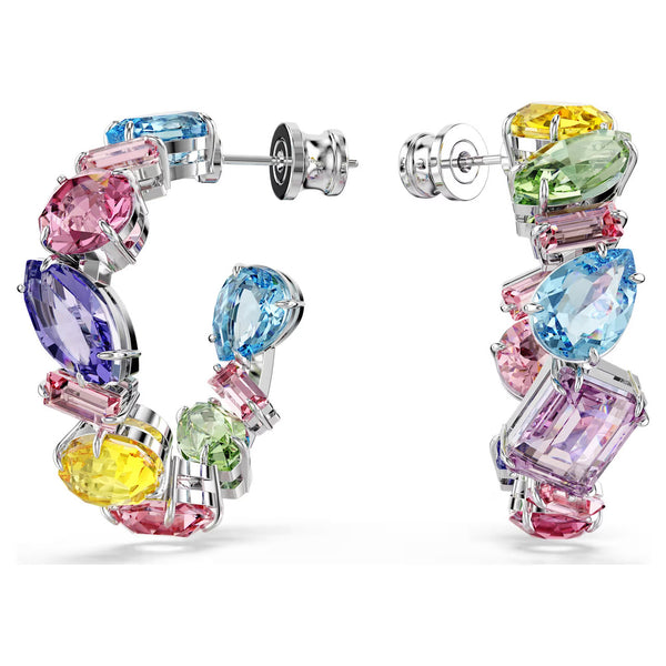 Swarovski Gema Hoop Earrings - Asymmetrical design, Mixed Cuts, Small, Multicolored, Rhodium Plated